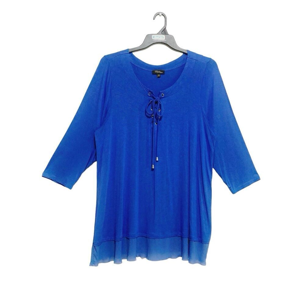 Cupid Woman Tunic Top Womens Sz 1X Blue 3/4 Sleeve Sheer Ruffle Hemline